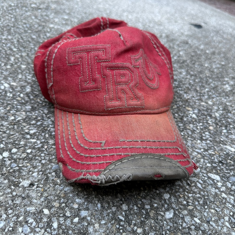 True Religion Red Distressed Denim Baseball Cap TRU Horseshoe Logo Hat